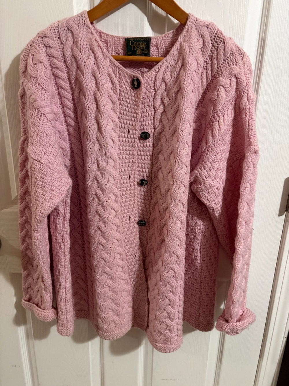 Carraig Donn Handmade Currahee Pink Wool Cable-Knit Button Cardigan Sweater